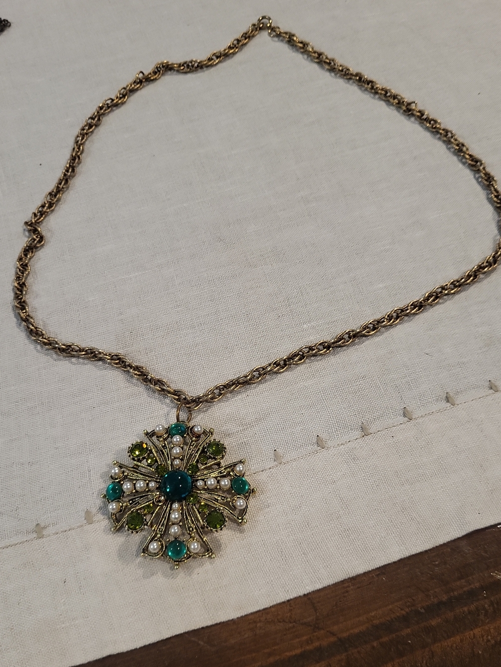 Source Unknown Gold-Tone Floral Pendant Necklace with Green and Pearl Accents